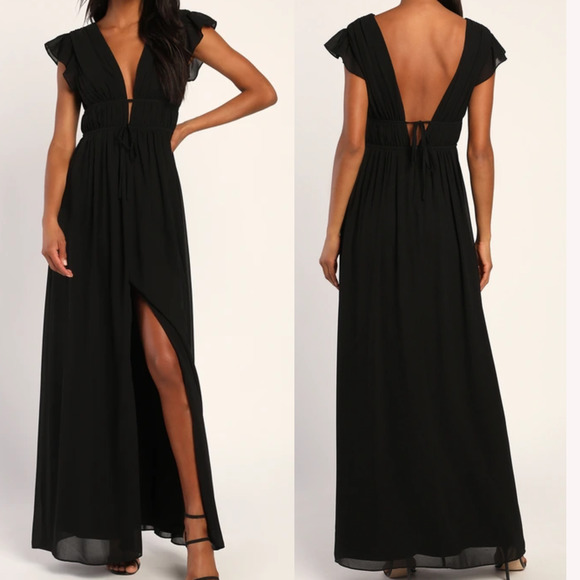 LULU'S SZ L I'm All Yours Black Ruffled Formal Party Maxi Dress NEW - Picture 1 of 8
